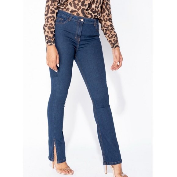 Blue High Waist Split Hem Skinny Flare Jeans Denim Pants - Picture 3 of 8